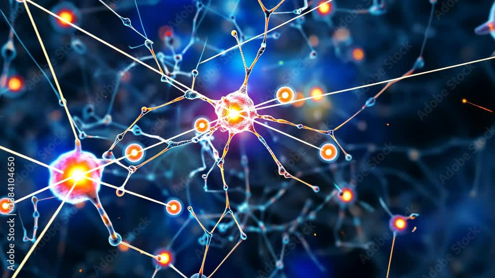Poster glowing neuron cells with connections on abstract backdrop. ai generated