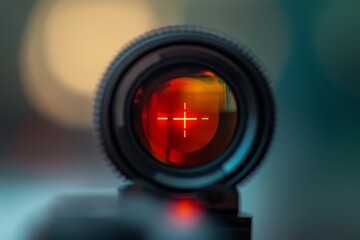 Close-up of a red dot sight.  A precise aiming device with a glowing crosshair