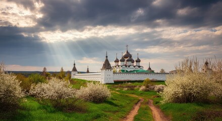 Scenic view of Orthodox monastery with dramatic sky
