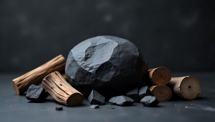 a rough stone, weathered wood pieces, and dried branches or charcoal, mockup of podium, product presentation, display, created with generative ai