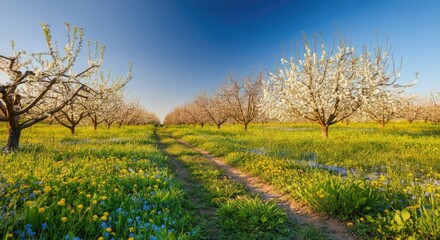 Fototapeta premium Beautiful springtime orchard with blossoming trees and vibrant wildflowers under clear blue sky
