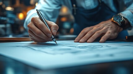 Engineers Precision A CloseUp of Hands Drafting Detailed Blueprints with a Pen