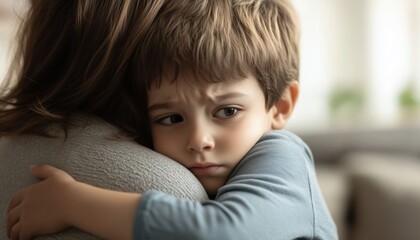 Obraz premium Loving Mother Comforts Son: Worried Parent Hugs Upset Child On Sofa, Offering Love, Protection, And Support In Tender Embrace.