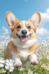Happy Corgi smiling in white flower field under blue sky
