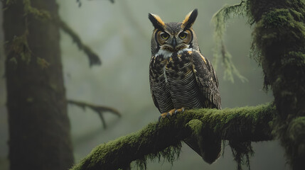 Obraz premium Majestic owl perches on a mossy branch amidst the misty forest, its piercing gaze conveying wisdom and power in this serene woodland portrait. A symphony of nature's quiet strength.