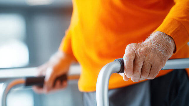 Senior Person Using Walker for Rehabilitation in Bright.Elderly patient using parallel bars for walking 