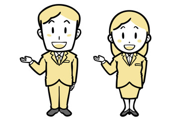 笑顔で案内する、スーツを着た若い男女