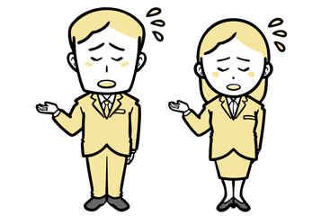 謝罪する、スーツを着た若い男女