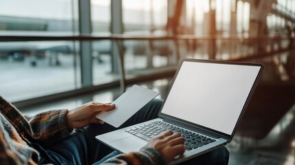 Person working on laptop in airport lounge
