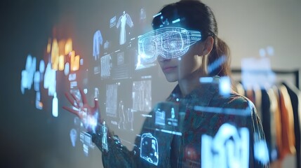 A young woman uses augmented reality glasses to interact with a holographic display showing fashion designs, data, and clothing options. Futuristic technology in the fashion industry.