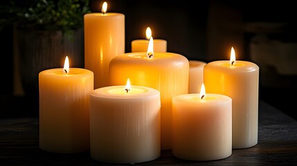 Several lit cream-colored pillar candles of varying heights create a warm, inviting ambiance on a dark wooden surface. The soft glow of the candlelight adds a touch of serenity to the scene.