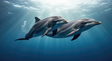 Fototapeta premium Two dolphins swimming underwater with light rays above them