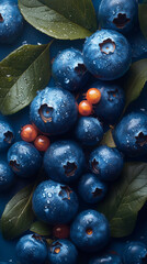 Fresh blueberries with leaves and droplets on dark background showcasing nature's bounty in a colorful arrangement