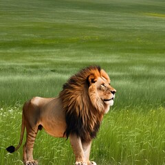 A beautiful lion king in close-up on grass 