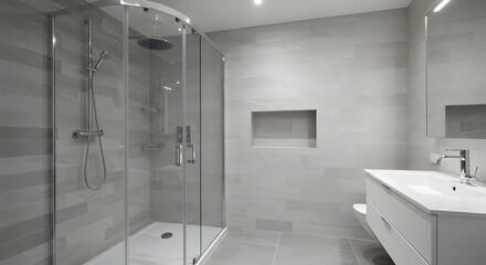 Modern Bathroom Interior Featuring a Curved Glass Shower and Recessed Alcove
