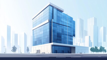 Modern glass office building, city skyline backdrop, architectural design, business use