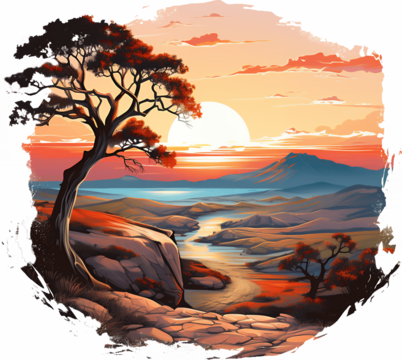 African savanna sunset with acacia tree silhouette and mountain valley landscape in warm golden light