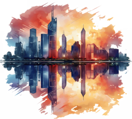 Urban city skyline with skyscrapers reflecting in water at golden sunset, watercolor painting style digital art illustration