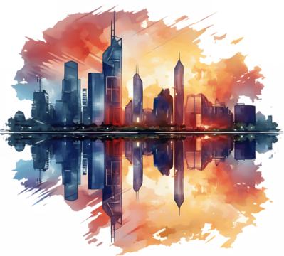Urban city skyline with skyscrapers reflecting in water at golden sunset, watercolor painting style digital art illustration