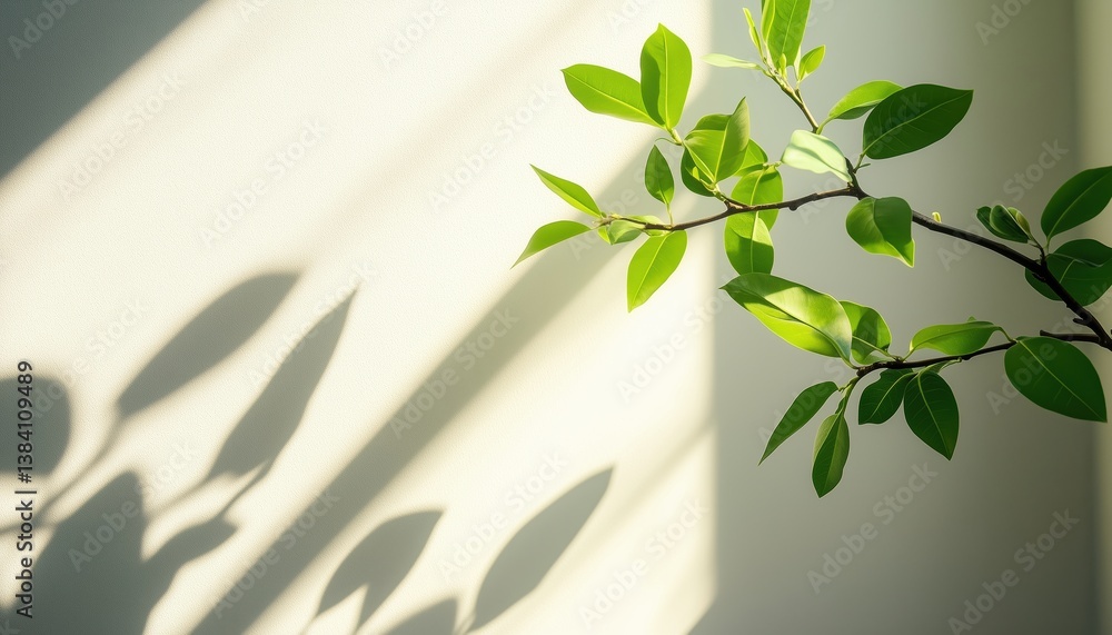 Poster corner room perspective with shadows and delicate light: fresh green pistachio branch in the frame s
