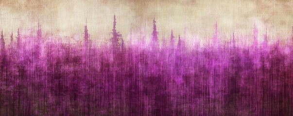 Abstract forest with purple trees creates a dreamy scene against a textured beige sky background