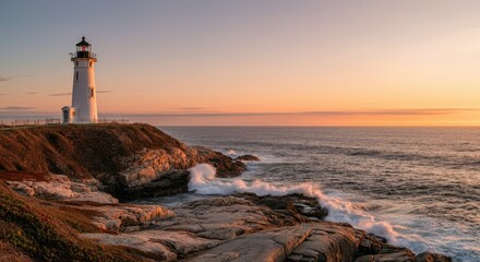 Fototapeta premium Lighthouse on rocky coast during sunset with waves crashing