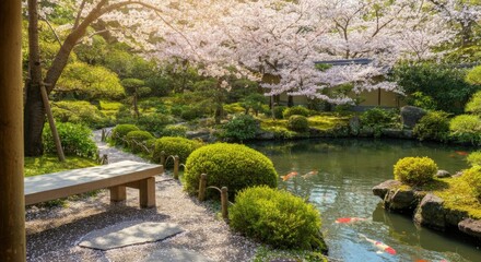 Serene Japanese garden with cherry blossoms and koi pond