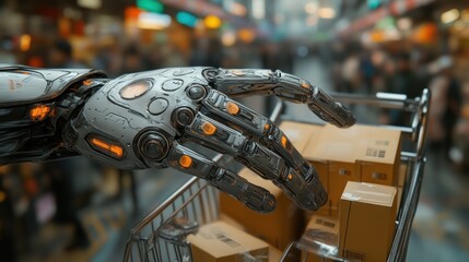 Futuristic Robotic Hand Reaching for Packages in a Busy Warehouse Setting Technology and Autom