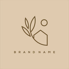 line art house plant and sun logo vector