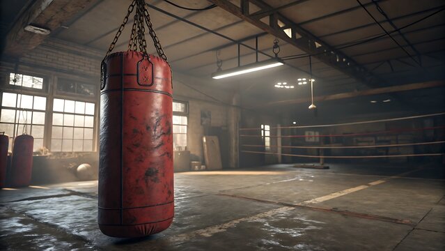 A boxing gym with a red punching bag hanging from chains near a boxing ring in the background
