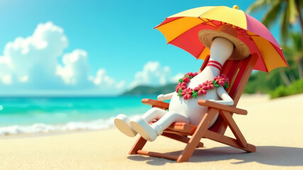 Fototapeta premium single bowling pin adorned with a floral lei and a straw hat, lounging on a beach chair under a colorful umbrella, copy space
