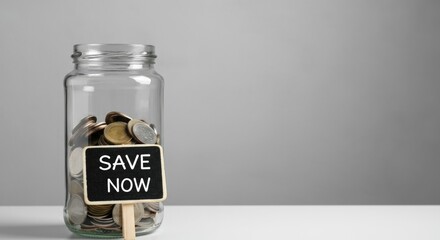 Jar filled with coins and sign saying "SAVE NOW"
