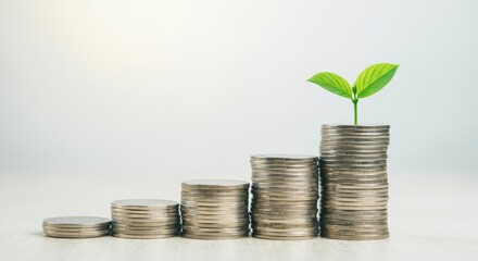 Stacked coins with sprouting plant symbolizing financial growth