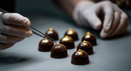 Hand using tweezers to decorate gourmet chocolates