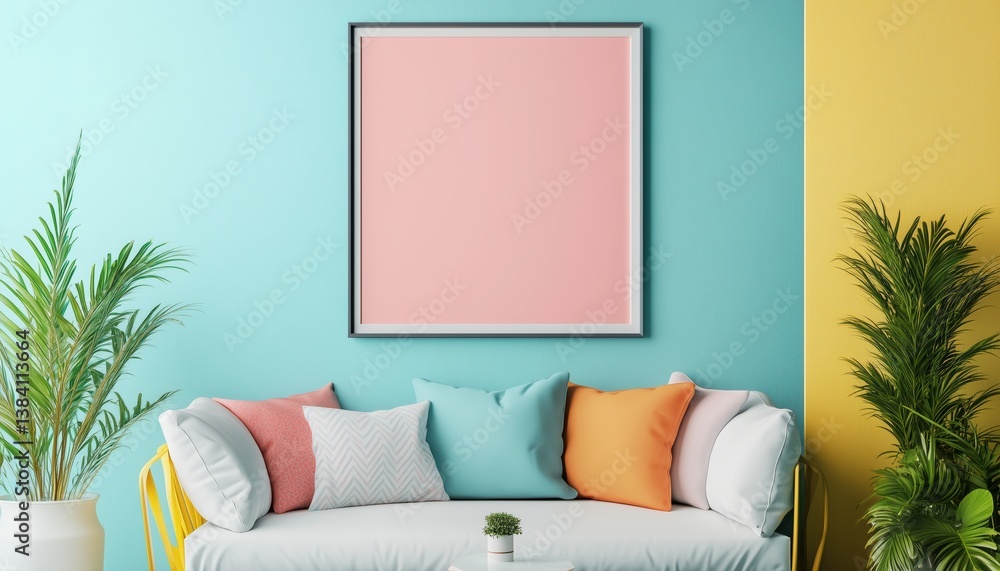 Poster empty picture frame mock-up for artwork template in interior setting, ideal for displaying your crea