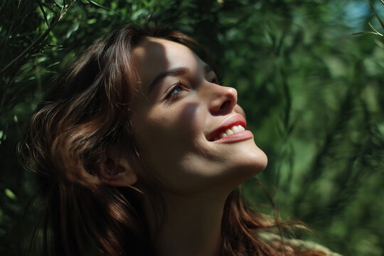 smiling woman in fromt of nature scene