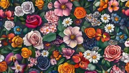 Vibrant floral pattern, detailed flowers in various colors and shades,  on a dark background