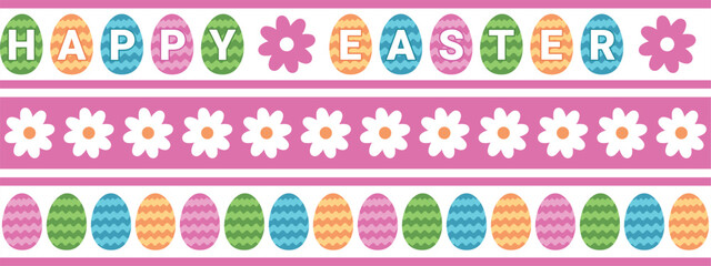 Happy Easter washi tape with eggs and flowers, colorful holiday ribbons, set of vector decorative elements