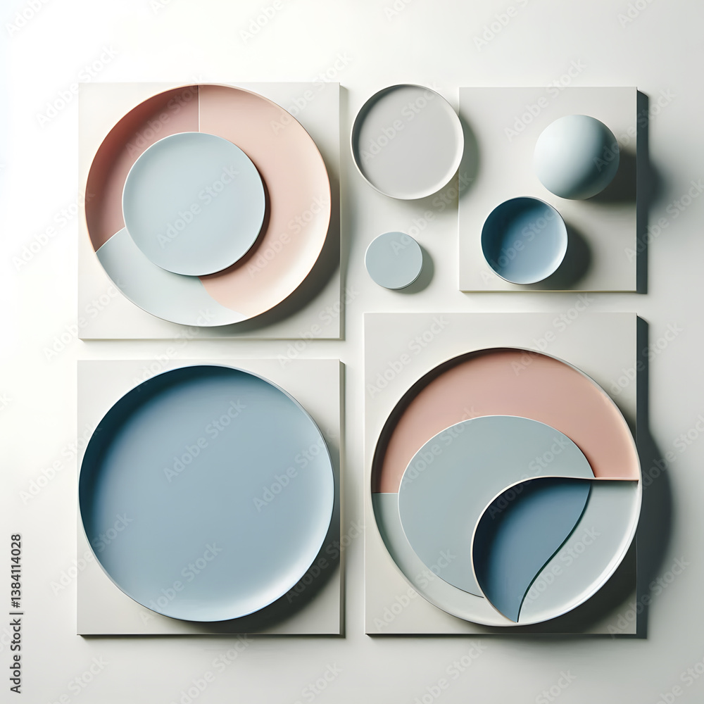 Aufkleber abstract geometric composition featuring circular shapes and pastel color blocks on square backgroun