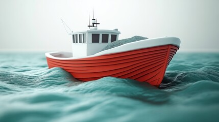 Fototapeta premium Red Fishing Boat on Calm Waters Nautical Adventure and Maritime Industry Scene
