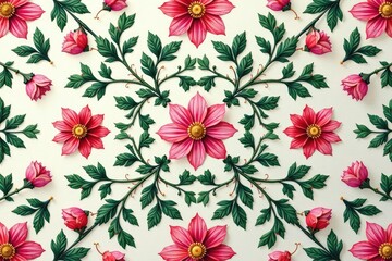 Intricate floral design with delicate leaves and blossoms, seamlessly repeating , vintage, elegant