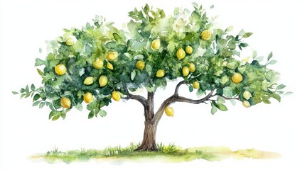 Fototapeta premium Lush lemon tree laden with fruit, isolated on white, for food, drink, or nature themes