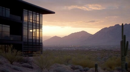 Modern glass building overlooking a desert mountain sunset