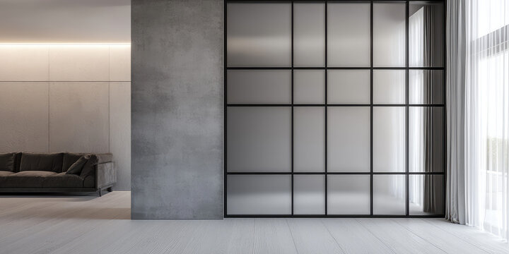 Glass partition in the interior design of the combined kitchen living room