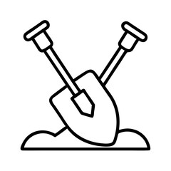 Simple line icon of two crossed shovels in ground, symbol of construction, digging, gardening or teamwork, perfect for outdoor work or landscaping visuals