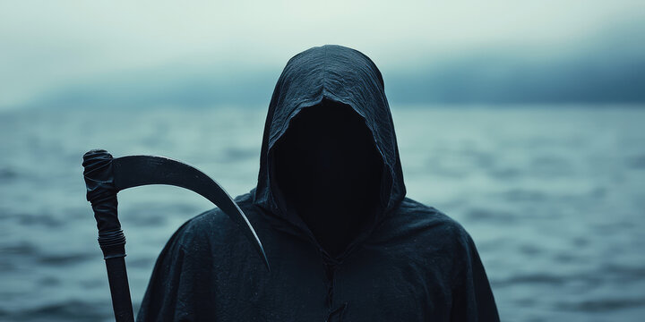 Grim reaper, death with a scythe in a black cloak. Mystical dark illustration, concept of death and fate