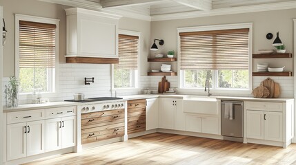 Modern kitchen, wood blinds, sunlight, farmhouse style, home decor