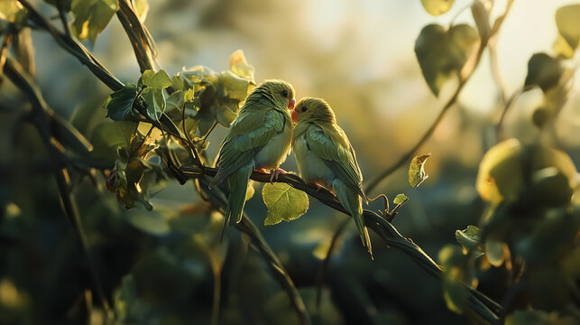Two green parakeets perch on a branch surrounded by green leaves, bathed in warm sunlight. The birds are close together, possibly preening or resting, creating a tranquil scene.