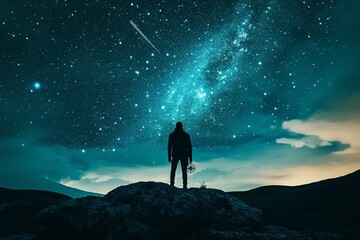 Fototapeta premium Person stands on a hill looking at the night sky with stars.