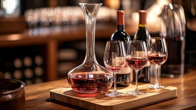 Sophisticated wine tasting display, including decanters, glasses, and open bottles on a wooden board, warm light, earthy tones